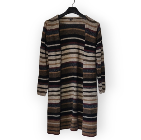 Striped 90s Cardigan Sweater Women's Size Small Black, Brown, Tan, Maroon - Picture 2 of 5